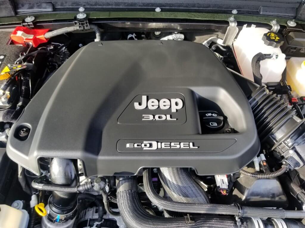 Jeep 3.0L EcoDiesel engine bay with engine oil fill cap and dipstick pictured
