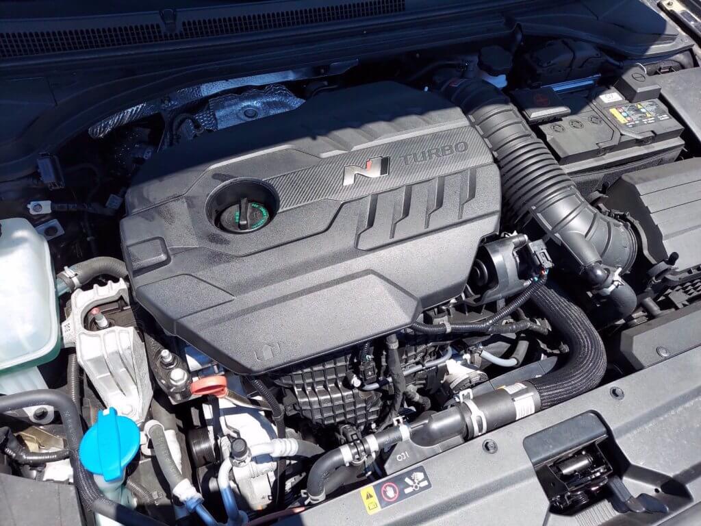 Hyundai Veloster N engine bay with engine oil fill cap and dip stick pictured
